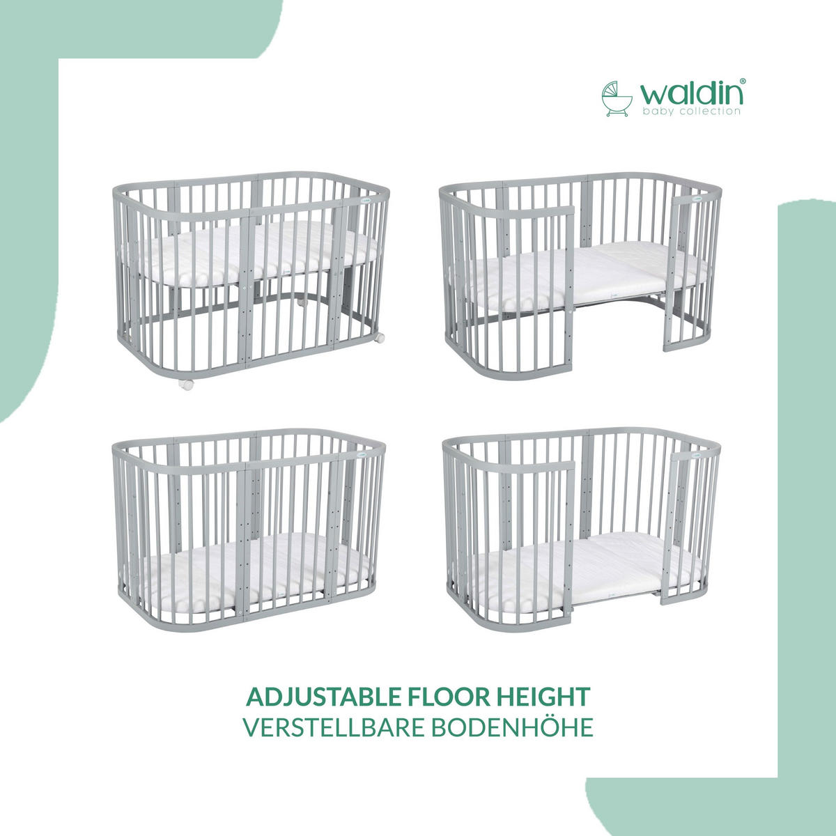 BABYBETT GREY, 7in1 mit Matratze - Weiß/Grau, Holz (73/123cm) - waldin