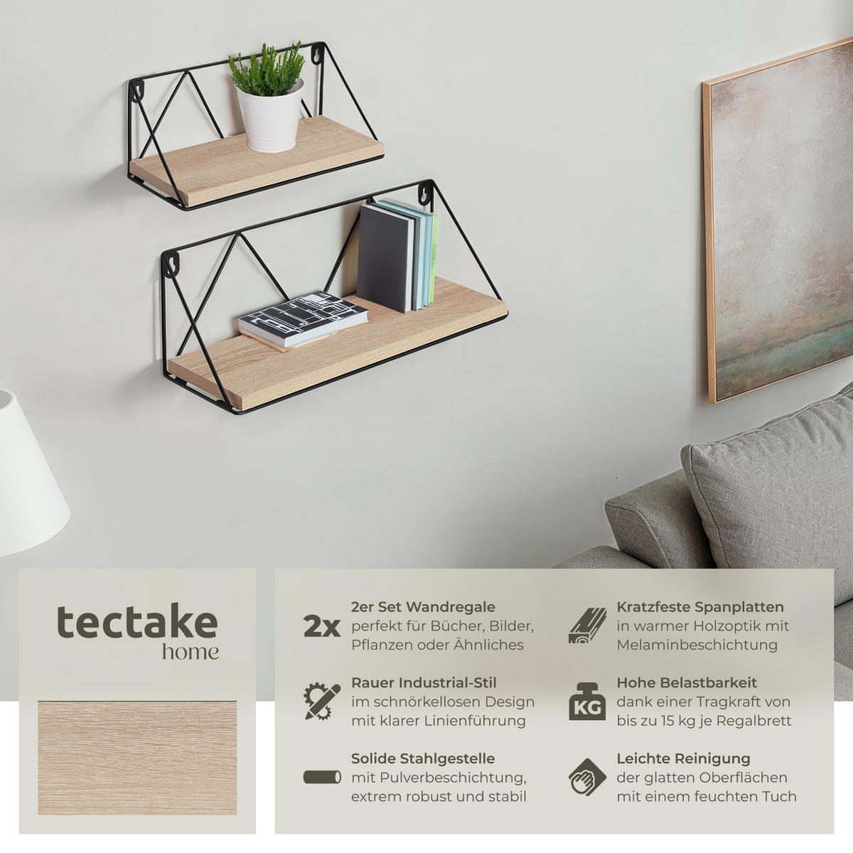 WANDREGAL 2er Set Rockport,Tiefe 13 cm,Industrial Holz hell, Eiche Sonoma - Naturfarben, Holzwerkstoff (13/14.5/41cm) - tectake