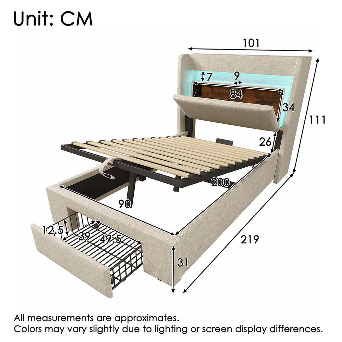POLSTERBETT 90x200cm in Beige Leinen,ohne Matratze - Beige, Textil (90/200cm)