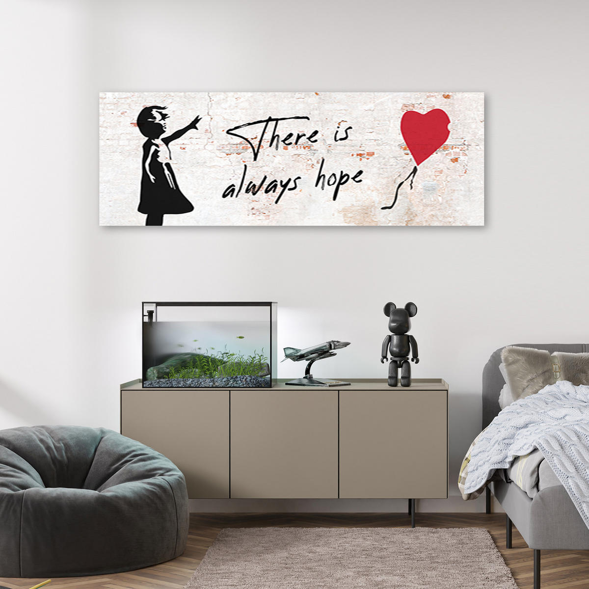 WANDBILD banksy mädchen mit luftballon - Beige, Textil (90/30cm) - Feeby