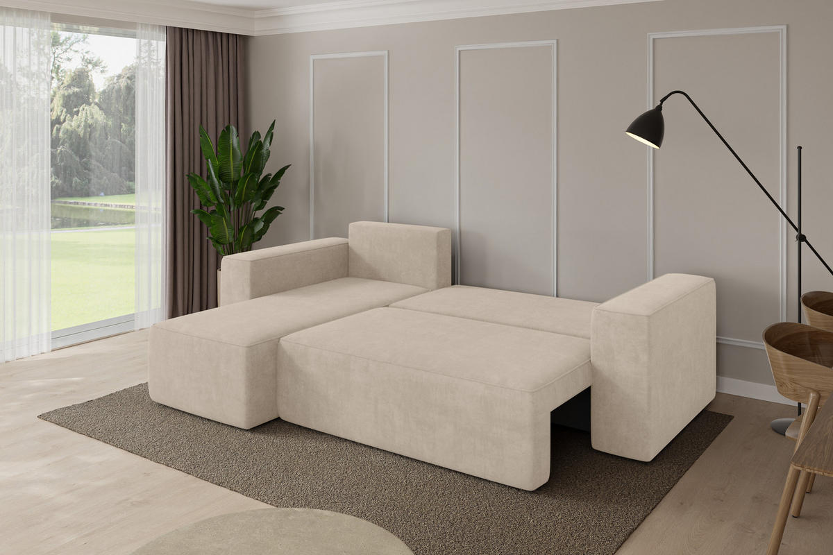 ROHOVÁ SEDAČKA s funkcí spaní, otoman vlevo SENO-L 249x139x85 béžová velur - černá/Sahara, kompozitní dřevo/textil (249/139cm) - ALTDECOR