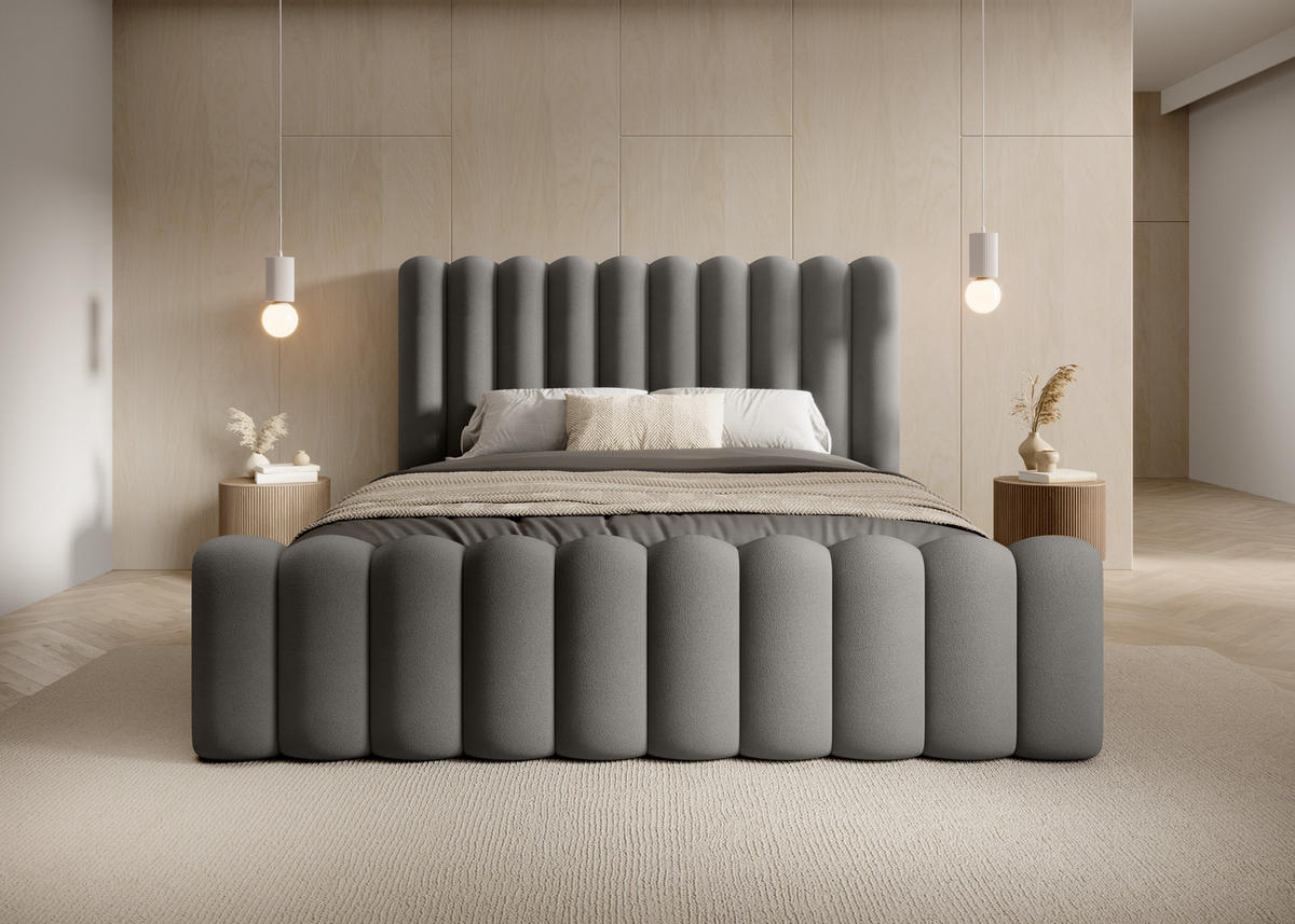 POLSTERBETT Bett Mona VII gepolstert modern, hochwertiger Stoff, Bettkasten, elegantes Design halbrund 140x200 cm, grau - Schwarz/Grau, Holzwerkstoff/Kunststoff (140/200cm) - DomoHome