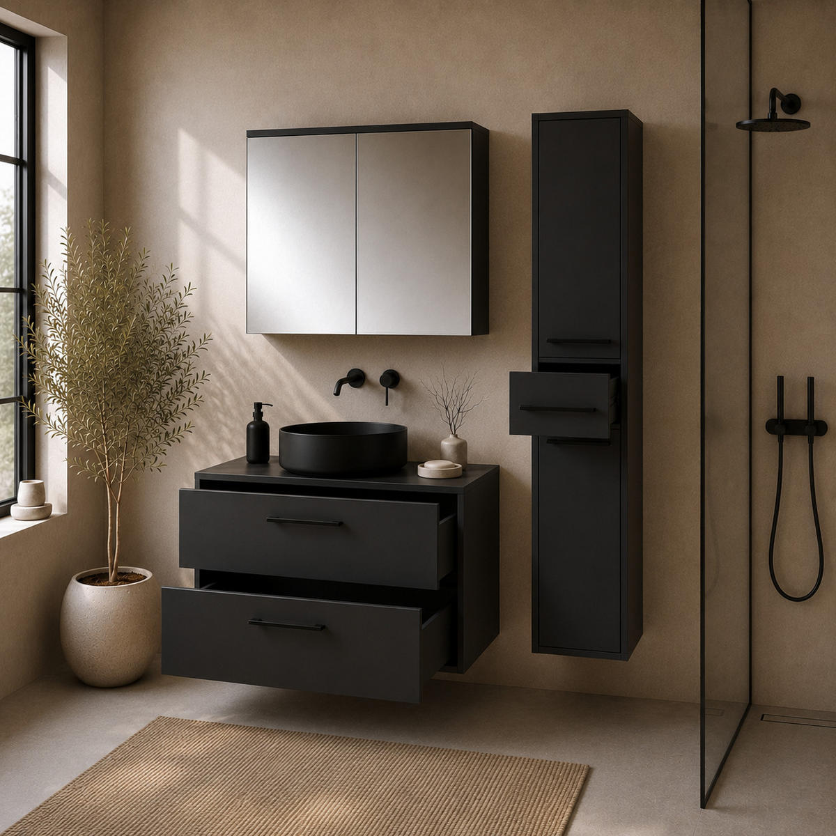 BADMÖBEL-SET Florence 3 Teile Matt schwarz - 80 x 46 x 46 cm - Schwarz, Holz (80/46/46cm) - Badplaats