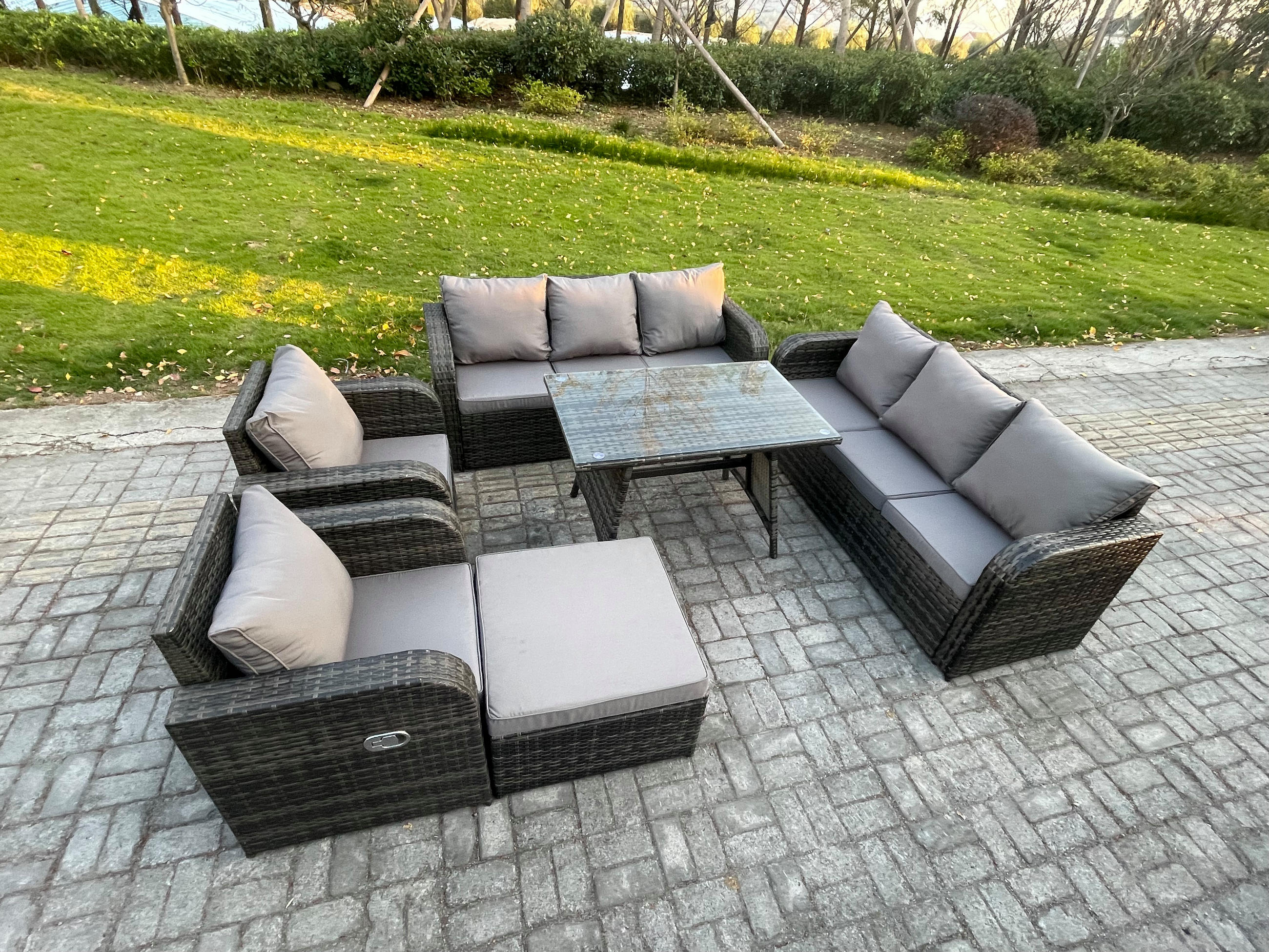 GARTENSET Hohe Rückenlehne Polyrattan 9-Sitzer - Dunkelgrau/Grau, Glas/Kunststoff - Fimous