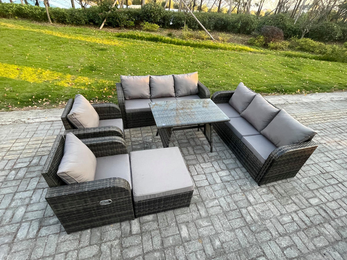 GARTENSET Hohe Rückenlehne Polyrattan 9-Sitzer - Dunkelgrau/Grau, Glas/Kunststoff - Fimous