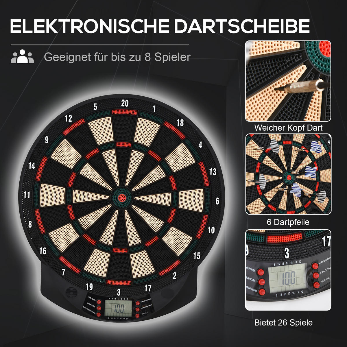 ELEKTRONISCHE Dartscheibe - Schwarz, Kunststoff (39.5/2.2/44cm) - HOMCOM
