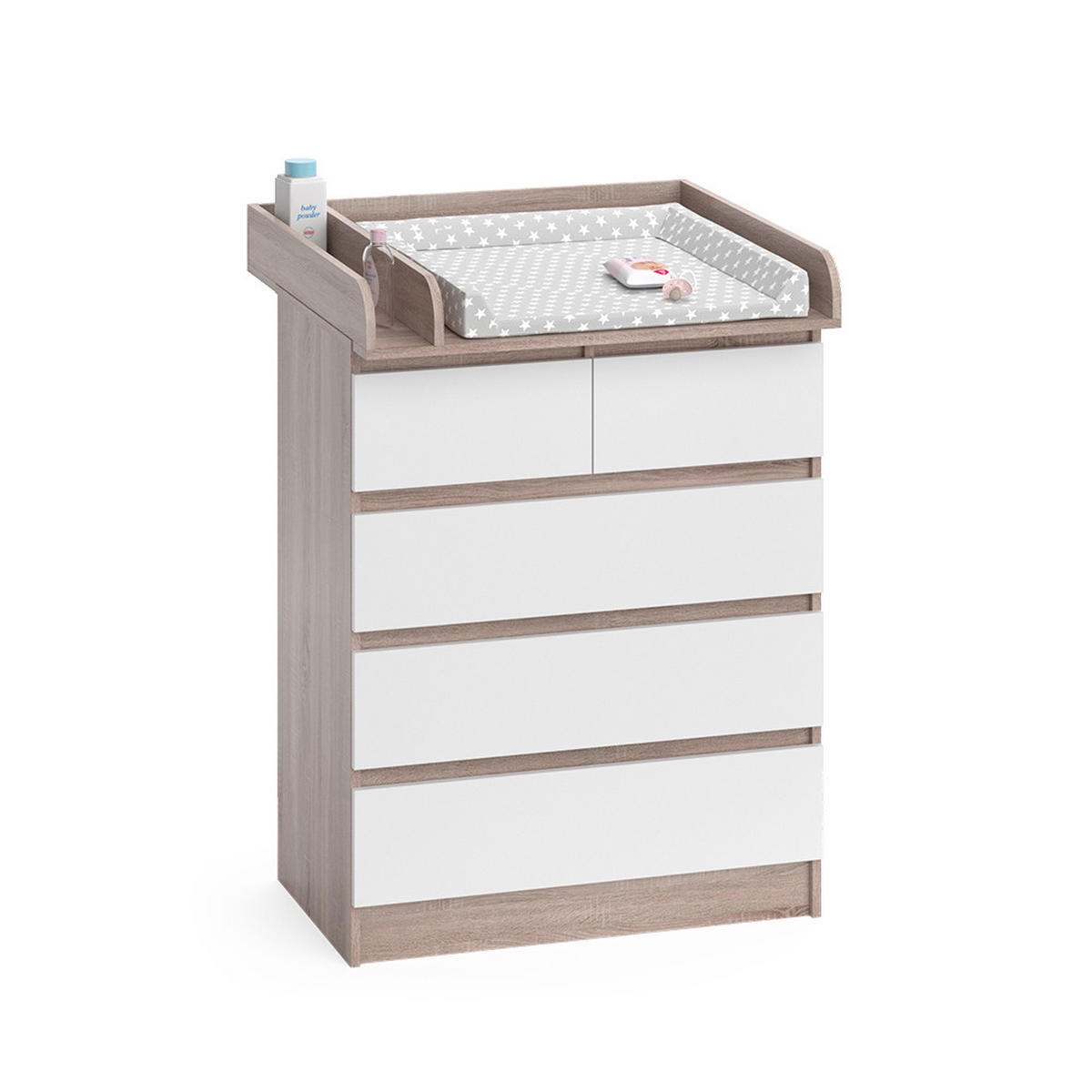 WICKELKOMMODE Emma Sonoma/Weiß 80 x 110.2 cm mit 5 Schubladen - Sonoma Eiche, Holzwerkstoff (80/110.2/76cm) - Vicco