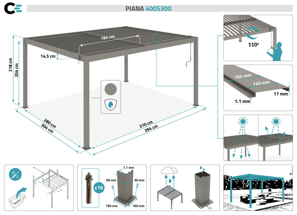 PERGOLA BIOKLIMATISCHE SELBSTTRAGENDE Piana Taupe 4x3m Aluminium - Taupe, Metall (394/218/304cm) - Cazeboo