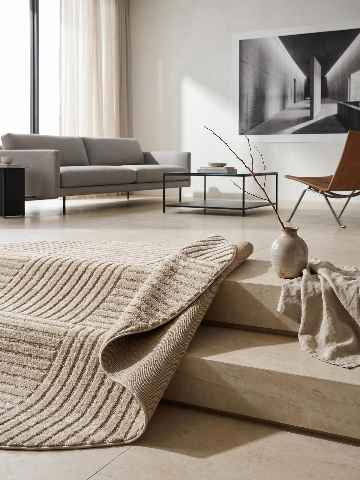 TEPPICH Hochflor RIGI in Beige, mit Cord-Streifen-Patchwork, Ø 160 cm - Beige, Textil (160/160cm) - KADIMA DESIGN