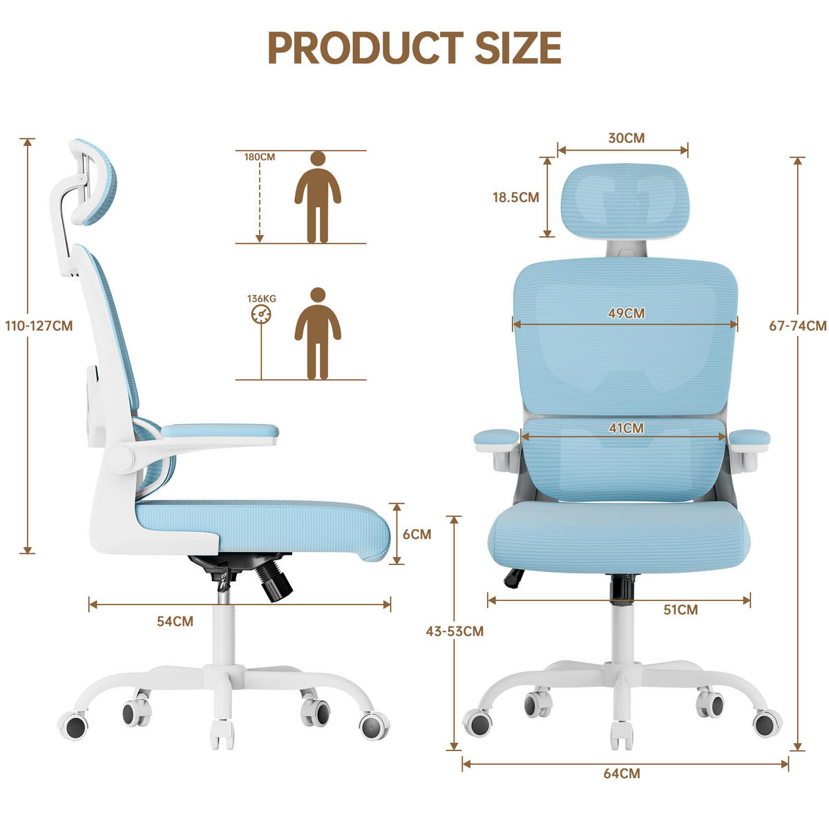 BÜROSTUHL Weiß-Blau ergonomisch mit klappbaren Armlehnen - Blau, Metall (25/52.5/65cm) - Rattrix