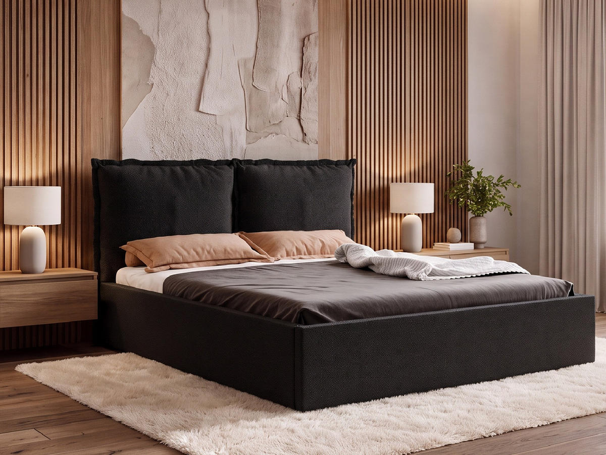 POLSTERBETT MIRA 140x200 cm mit Bettkasten, Stauraum und Metall-Lattenrost – VIBE Schwarz - Schwarz, Textil/Metall (140/200cm) - Luxkor24