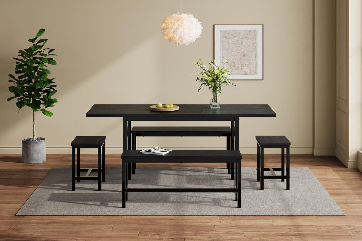 TISCHSET Ausziehbar mit mit 2 Bänken und 2 Hockern - Schwarz, Holzwerkstoff/Metall (70/75/160cm) - Urban Meuble