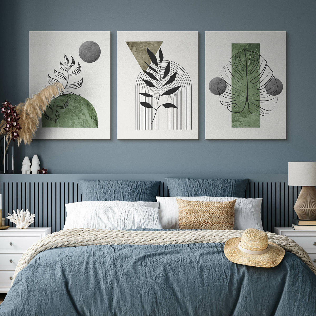 LEINWANDBILDER 3-es Set Blätter Boho - Schwarz/Weiß, Textil (90/40cm) - Muralo