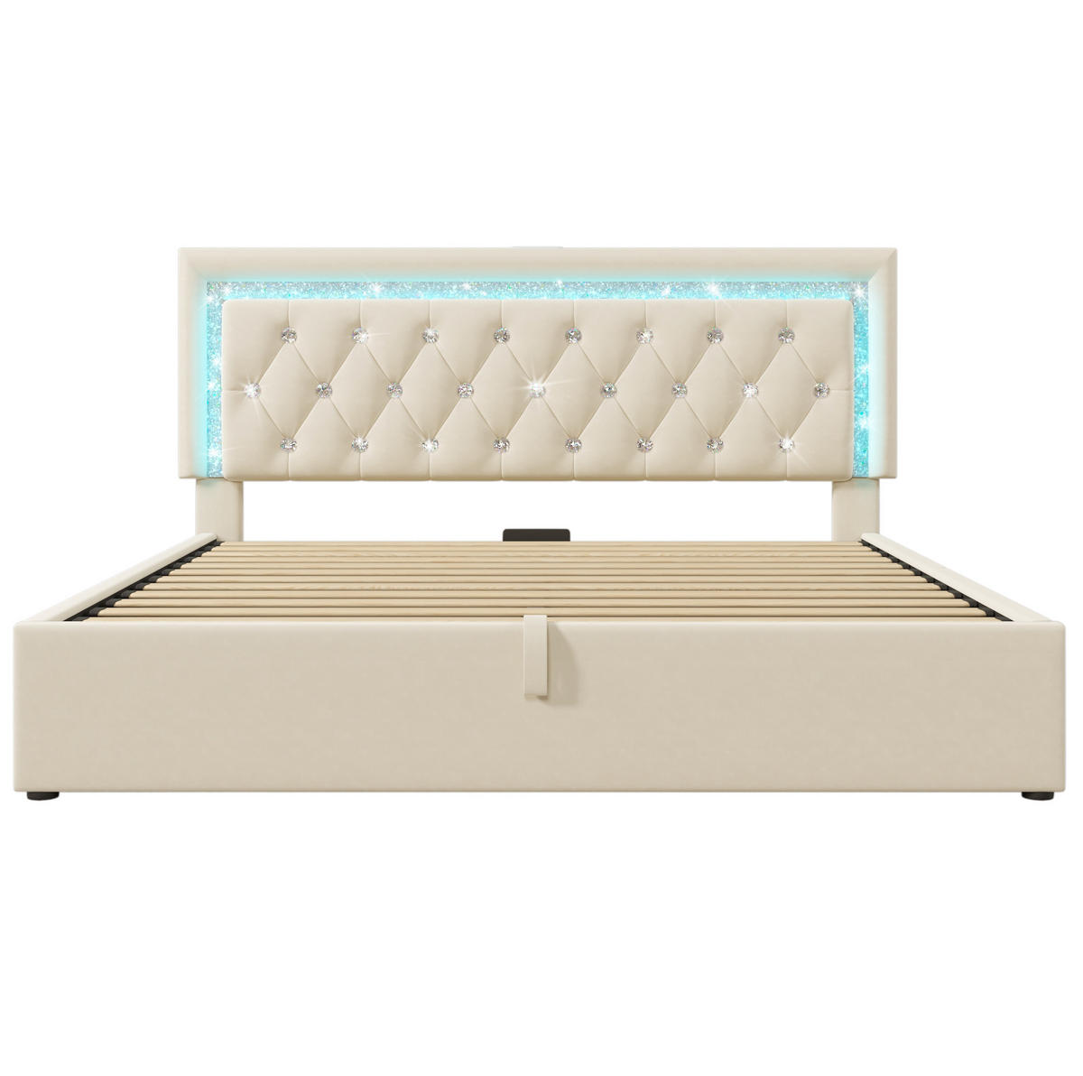 POLSTERBETT 140/200 cm Beige aus Samt mit Stauraum und LED-Beleuchtung mit Matratze - Beige, Textil (140/200cm) - OKWISH