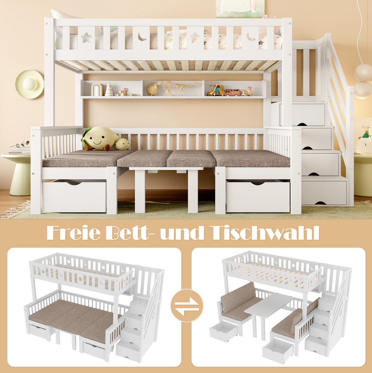 HOCHBETT 90/200 cm in Weiß – mit Klapptisch, Stauraumleiter und Rausfallschutz - Weiß, Holz (90/200cm) - BEAOK