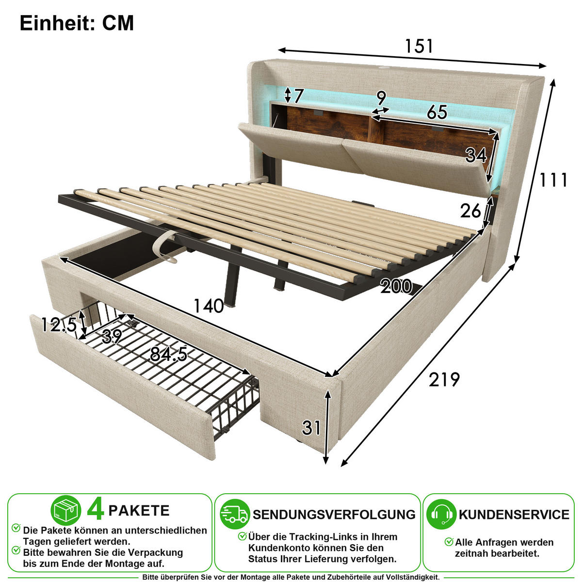 POLSTERBETT 140/200 cm in Beige Leinen mit Schublade, LED, USB und Matratze - Beige, Holzwerkstoff/Textil (140/200cm) - CHICFURN