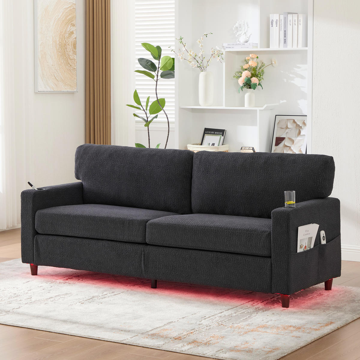 ZWEISITZER Sofa Chenille mit USB-Anschluss LED-Licht und Getränkehaltern 203/77,5/86 cm Dunkelgrau - Dunkelgrau, Textil (77.5/86/203cm) - Redom