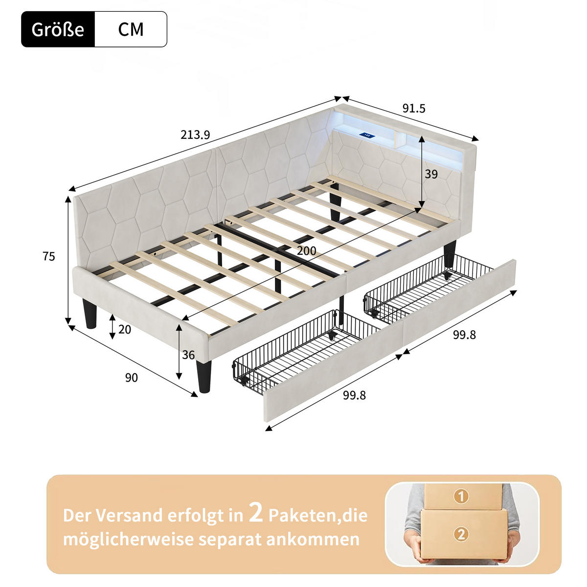 POLSTERBETT 90x200 cm Tagesbett mit 2 Schubladen, LED & USB, Einzelbett mit Kopfteil Stauraum, Beige - Beige, Metall (90/200cm) - EuroLiving