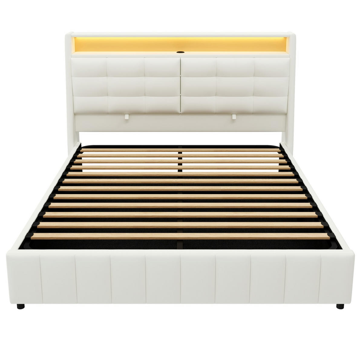 POLSTERBETT aus MDF, Sperrholz und PU 160x200 cm Weiß mit LED-Beleuchtung, USB-Anschluss, Stauraum und verstellbarem Kopfteil - Weiß, Textil (160/200cm) - Modfu