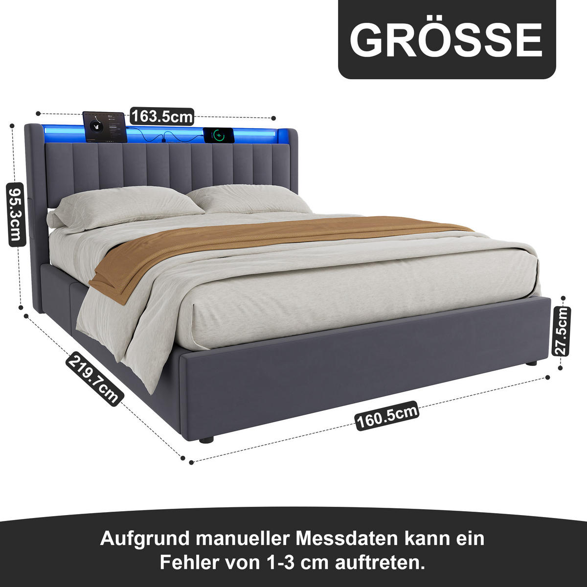 POLSTERBETT 160/200 cm mit Stauraum und Steckdose, mit LED Beleuchtung, ohne Matratze - Grau, Holzwerkstoff/Textil (160/200cm) - STILVORA