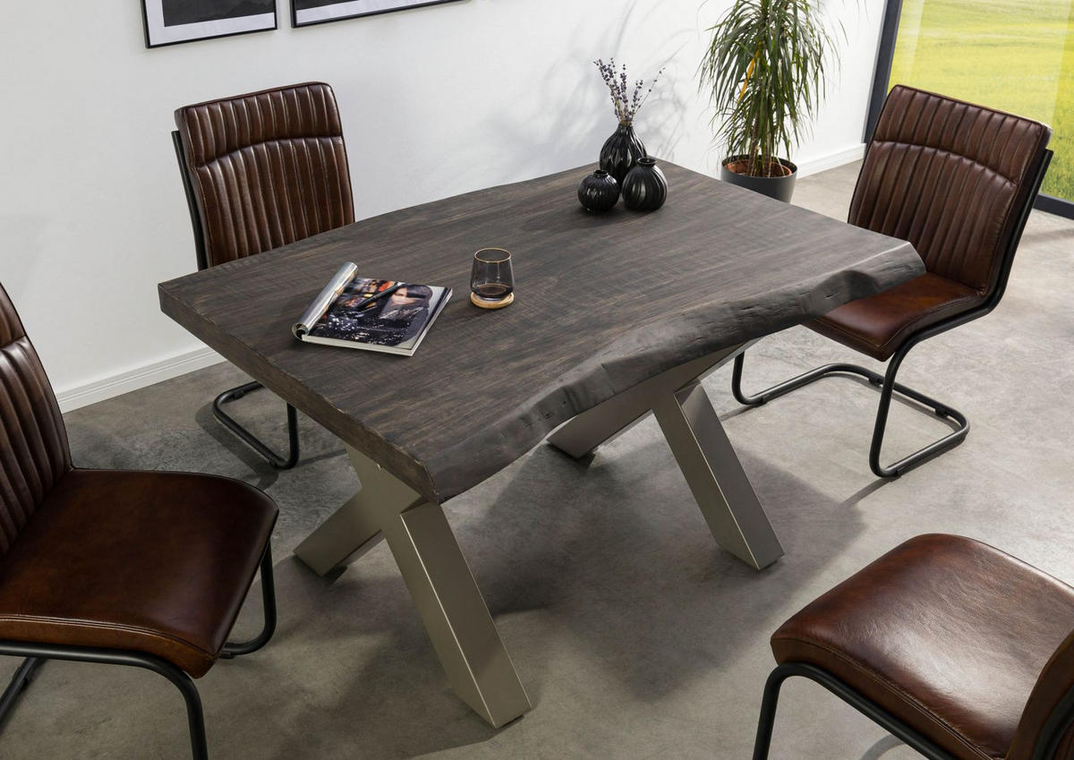 BAUMTISCH Mango 160x90x77 grau lackiert / X-Beine silber matt FREEFORM 5 - Grau, Holz (160/90/77cm) - Massivmoebel24