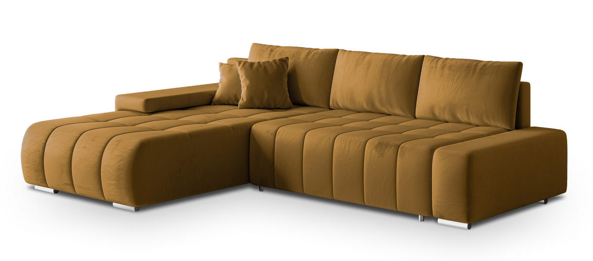 ECKSOFA ALESE L-S Gelb Velours-Stoff mit Schlaffunktion - Gelb, Holz (265/185cm) - MASSENO