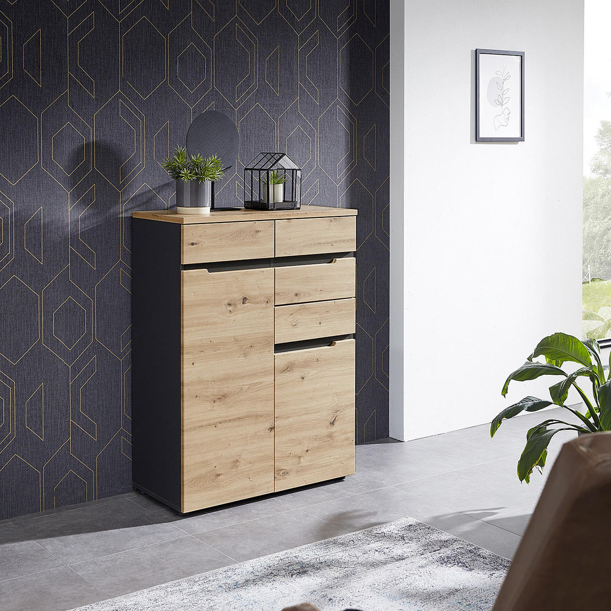 KOMMODE - Eiche Artisan Dekor / Graphit - 80 cm - Schwarz/Braun, Holzwerkstoff/Kunststoff (80/107/38cm) - home24