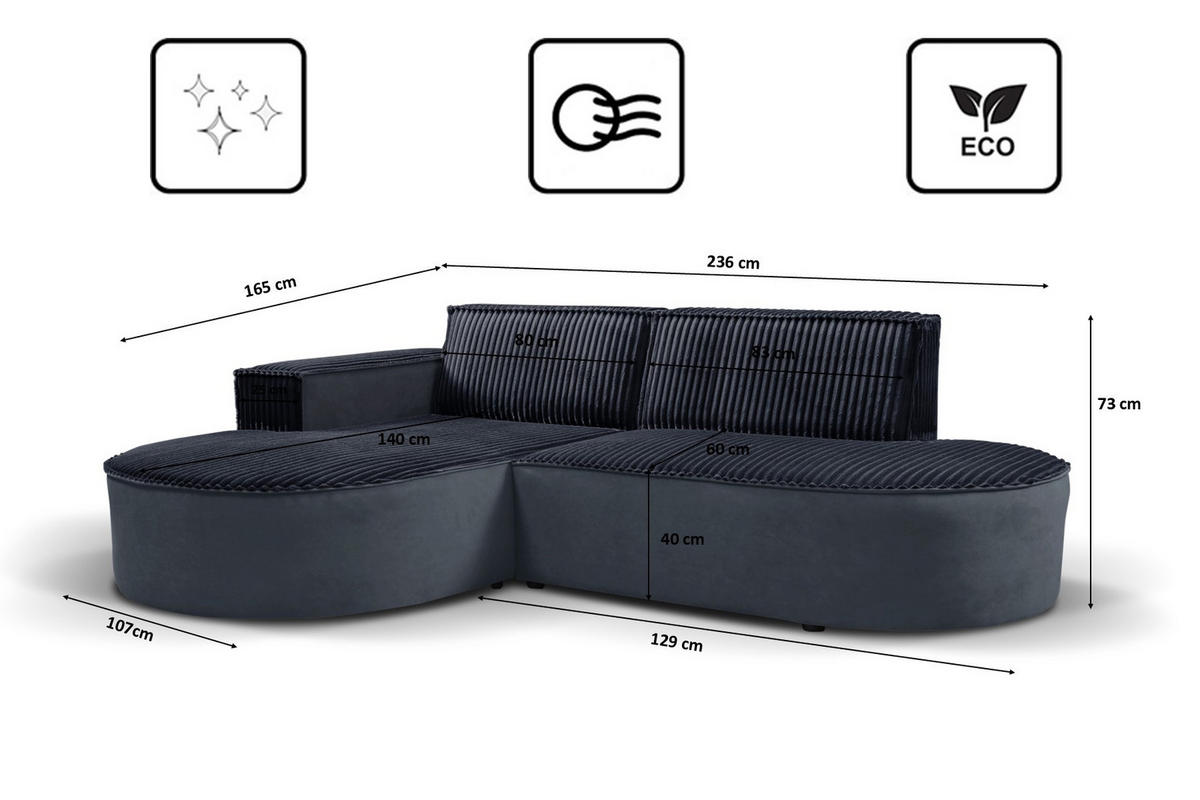 ECKSOFA L-förmiges Modena Soft Schwarz Links - Schwarz, Holz (165/236cm) - Kaiser Möbel