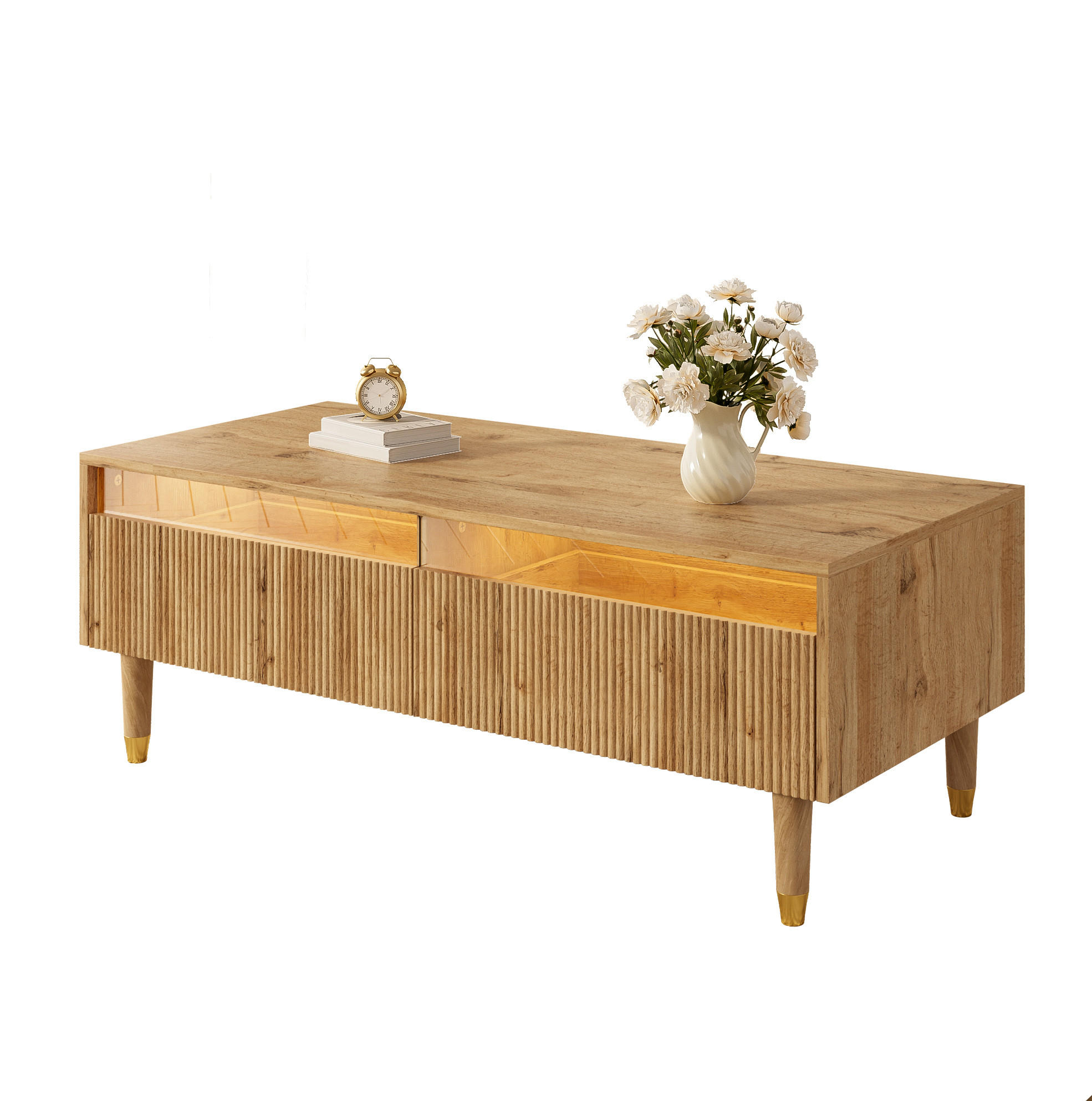 COUCHTISCH 110/50/40 cm aus MDF in Holz mit LED-Beleuchtung und zwei Schubladen - Naturfarben, Holzwerkstoff (110/50/40cm) - OKMYHOME
