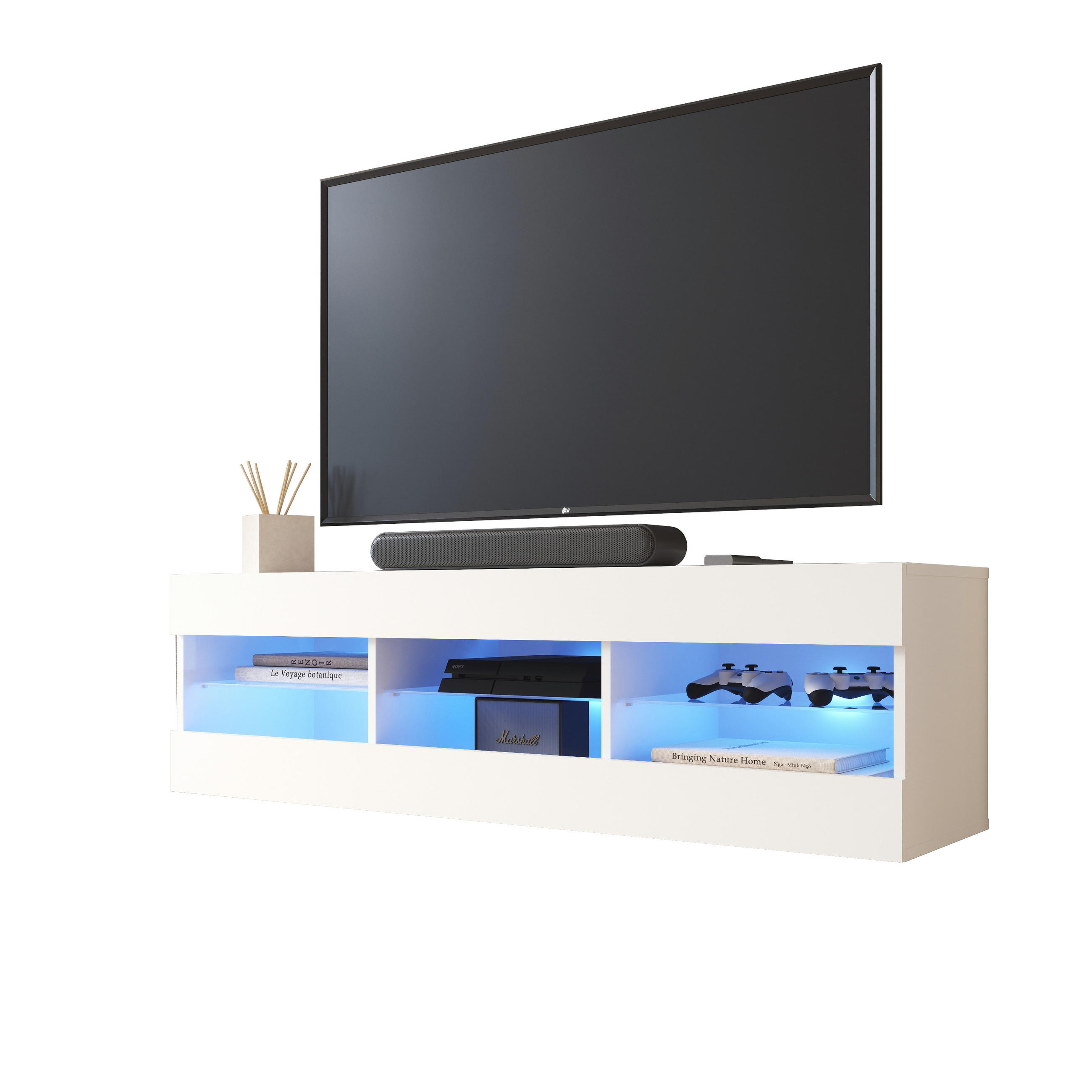 LOWBOARD TIVOLI RTV 140, Weiss, LED Blau - Weiß, Glas/Holzwerkstoff (140/40.5/35.5cm) - Komodee