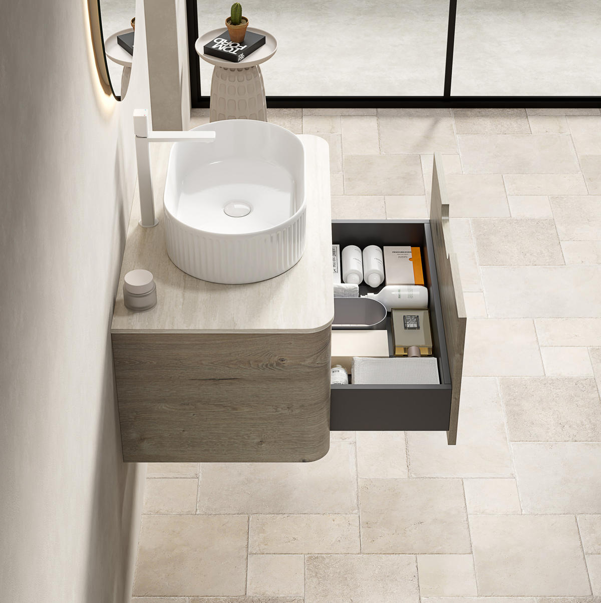 WASCHTISCHKOMBI 80 cm mit Aufsatzbecken und Soft-Close-Schublade in Eichenoptik - Creme, Keramik (80/50.2/46cm) - BEAOK