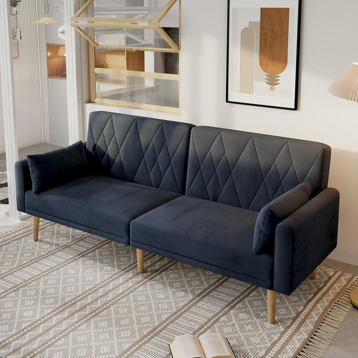 SCHLAFSOFA mit Schlaffunktion und verstellbaren Armlehnen Samt Schwarz 180/75/82 cm - Schwarz, Textil (180/82/75cm) - OKWISH