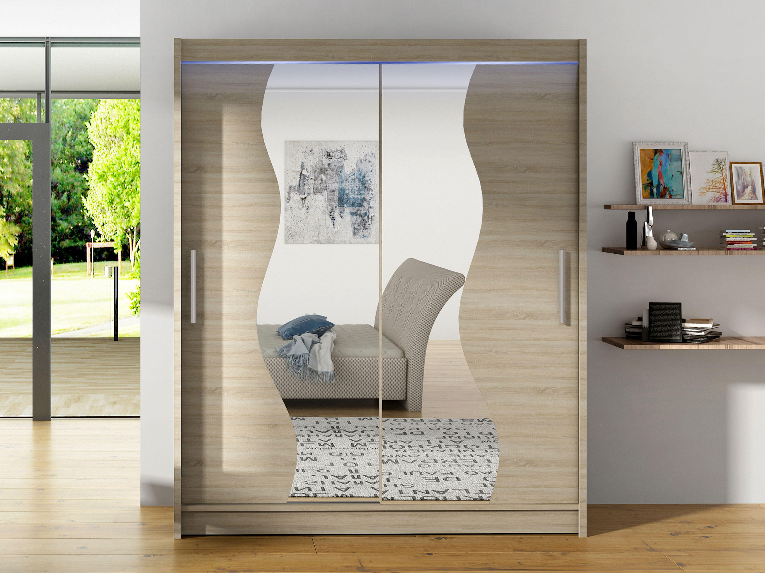 SCHWEBETÜRENSCHRANK Westa S, mit RGB LED Beleuchtung - Silberfarben/Sonoma Eiche, Holzwerkstoff/Metall (150/200/58cm) - MIRJAN24
