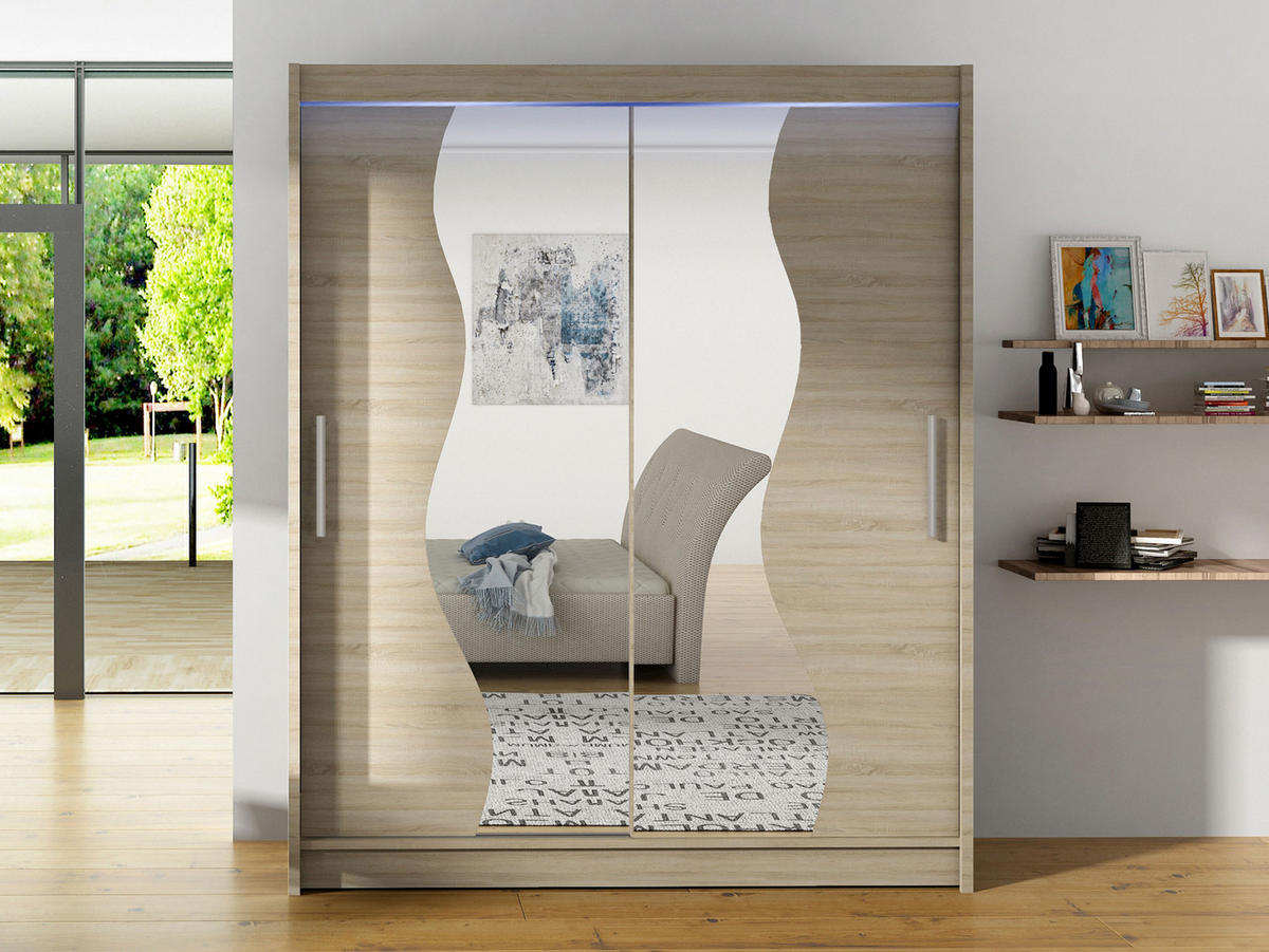 SCHWEBETÜRENSCHRANK Westa S, mit RGB LED Beleuchtung - Silberfarben/Sonoma Eiche, Holzwerkstoff/Metall (150/200/58cm) - MIRJAN24