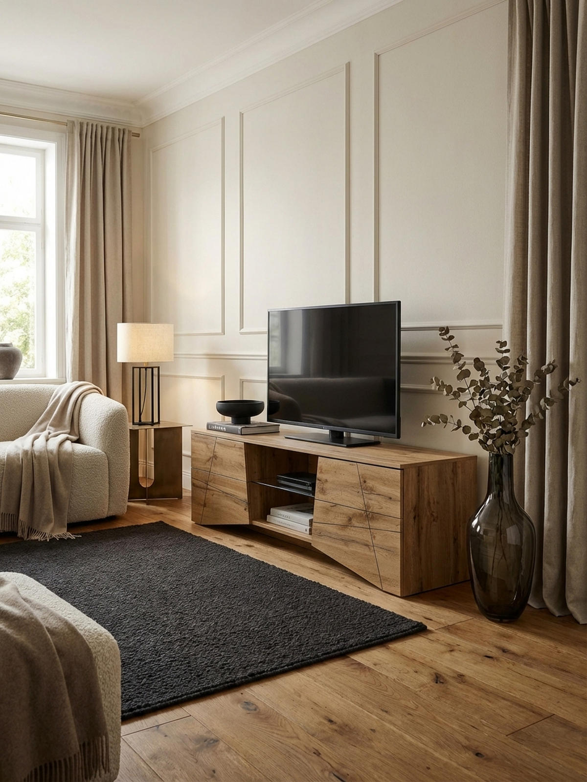 LOWBOARD Eiche-Dekor Modern Stil für 70-Zoll Fernseher mit Glasablage - Braun, Holz (160/50/40cm) - KADIMA DESIGN