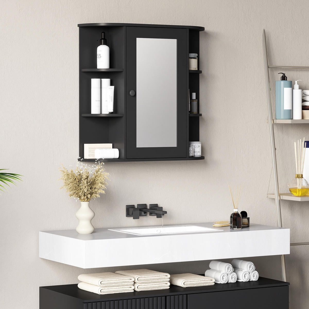 SPIEGELSCHRANK Spiegelschrank mit 6 offenen und 2 geschlossenen Ablagen,66 x 17 x 63 cm ,Schwarz - Schwarz, Glas (66/63/17cm) - Vallsero