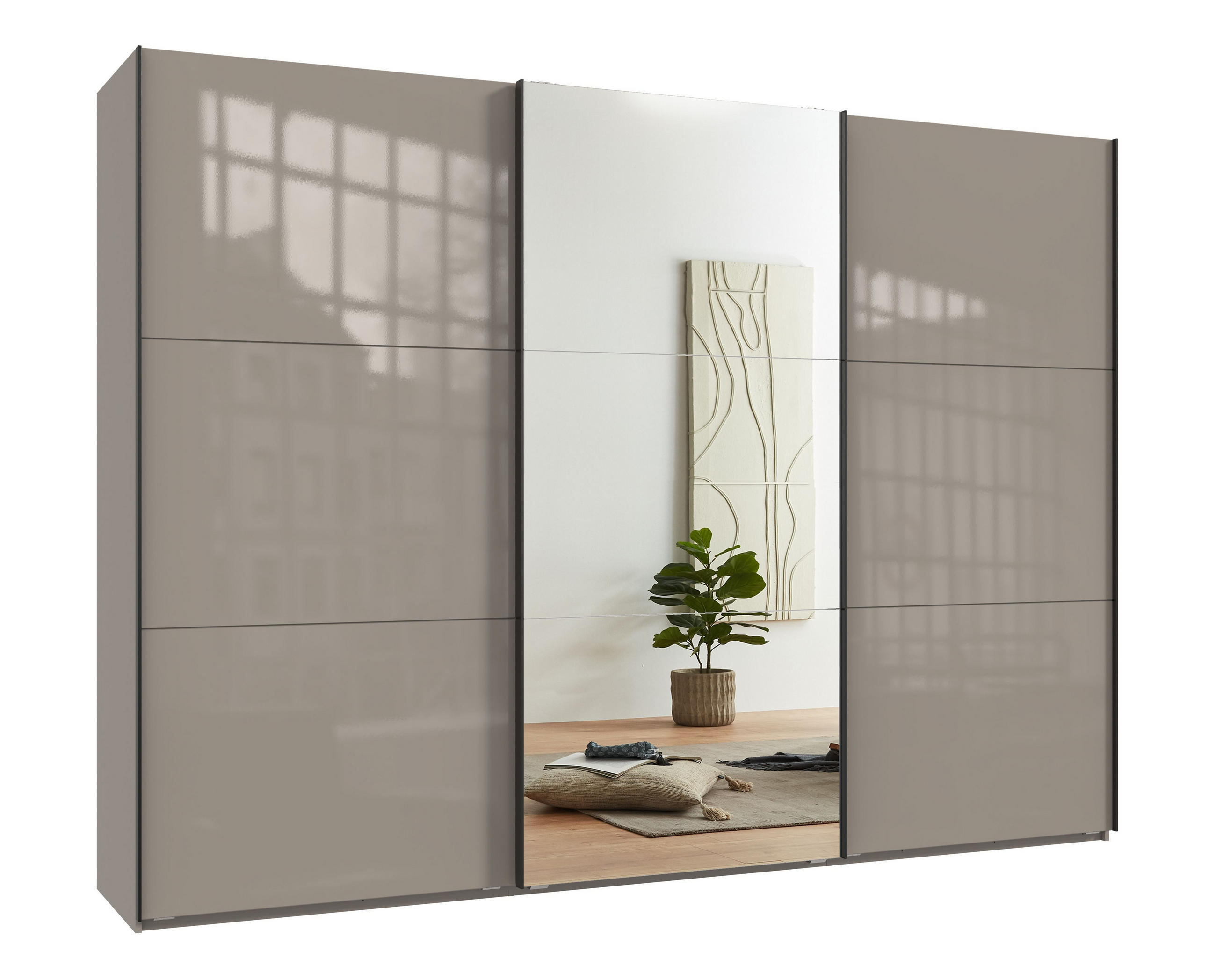 luma-home SKŘÍŇ S POSUVNÝMI DVEŘMI, 3dveřová, 300 × 216 × 65 cm (Š×V×H), v pískově šedé barvě se skleněnými čely, s jedněmi zrcadlovými dveřmi / 22040