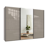 SCHWEBETÜRENSCHRANK 3-türig B300/H216/T65 cm in Sand Grau mit Glasfront und Spiegel inkl. Vollausstattung / 22040 - Sandfarben/Schwarz, Holzwerkstoff/Metall (300/216/65cm) - luma-home