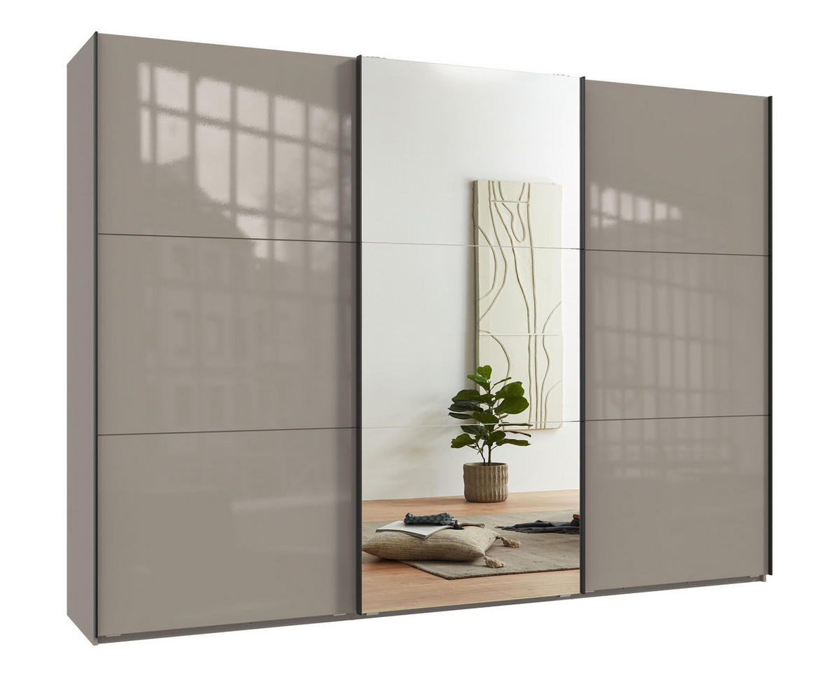 SCHWEBETÜRENSCHRANK 3-türig B300/H216/T65 cm in Sand Grau mit Glasfront und Spiegel inkl. Vollausstattung / 22040 - Sandfarben/Schwarz, Holzwerkstoff/Metall (300/216/65cm) - luma-home