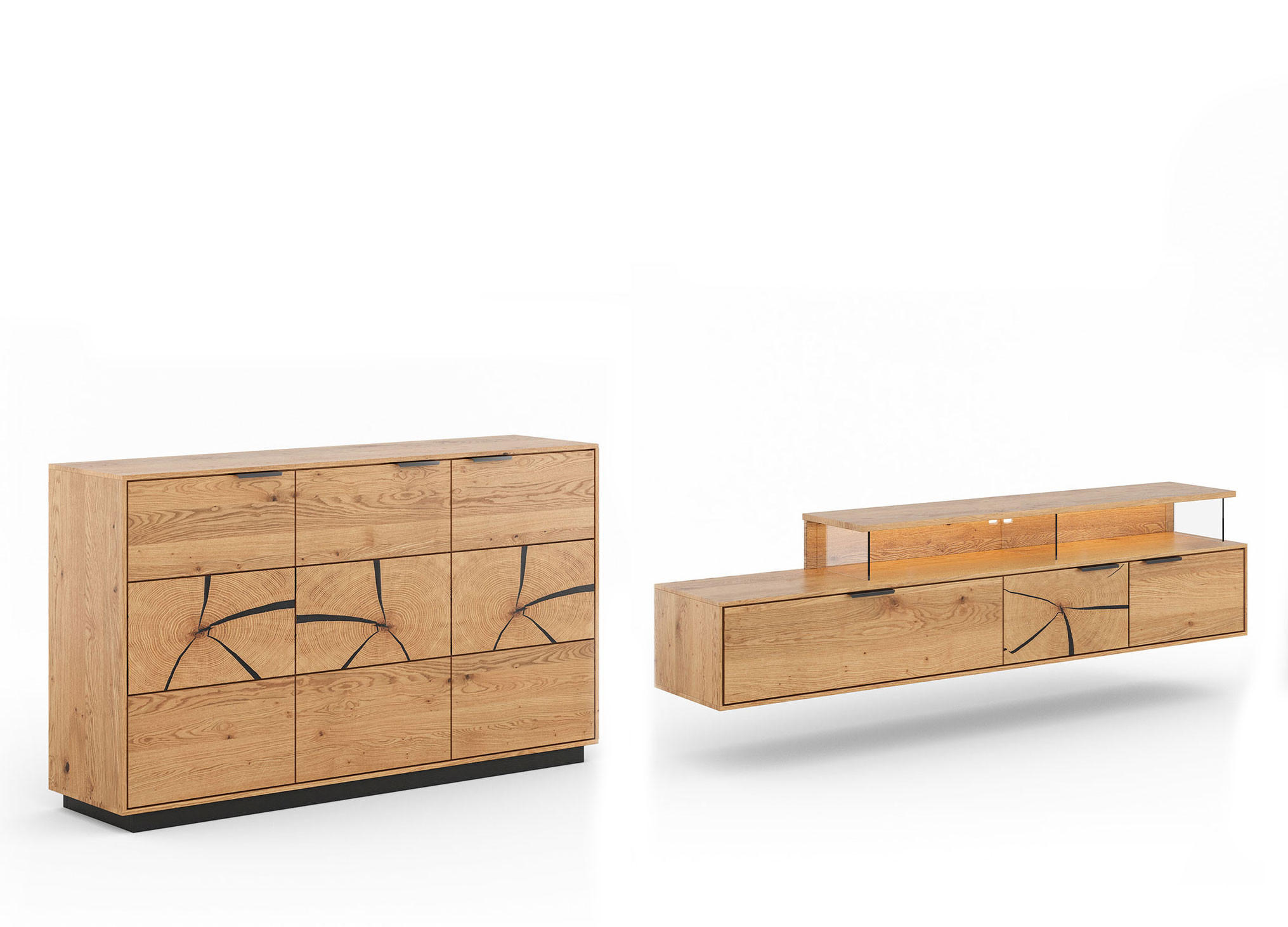 WOHNWAND Tirano 2er-Set Eiche Natur / Hirnholz - Eichefarben/Schwarz, Holz/Metall (354/84/39cm) - Feldmann-Wohnen