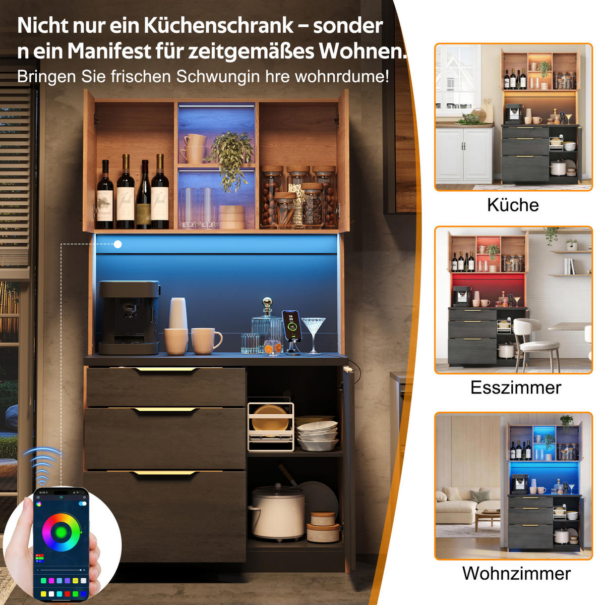 BUFFET 100/40/180 cm in Holz- und Betonoptik mit LED-Beleuchtung - Naturfarben, Holzwerkstoff (100/180/40cm) - Flora Grace