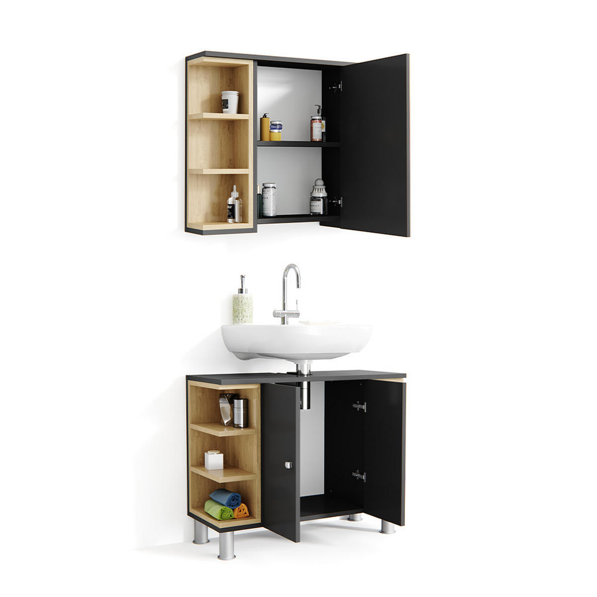 BADMÖBEL-SET Aquis Anthrazit 2 Teile - Anthrazit/Sonoma Eiche, Holzwerkstoff (79.6/64/32cm) - Vicco