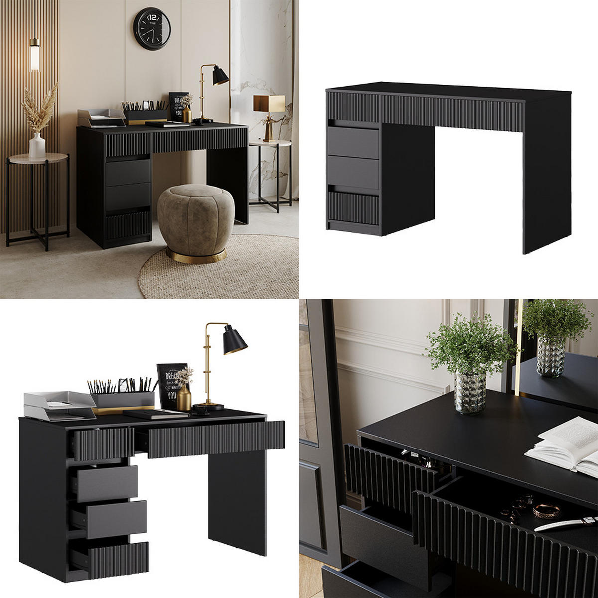 SCHREIBTISCH Omira Schwarz 120 x 55 cm mit 5 Schubladen - Schwarz, Holzwerkstoff (55/120/76cm) - Vicco