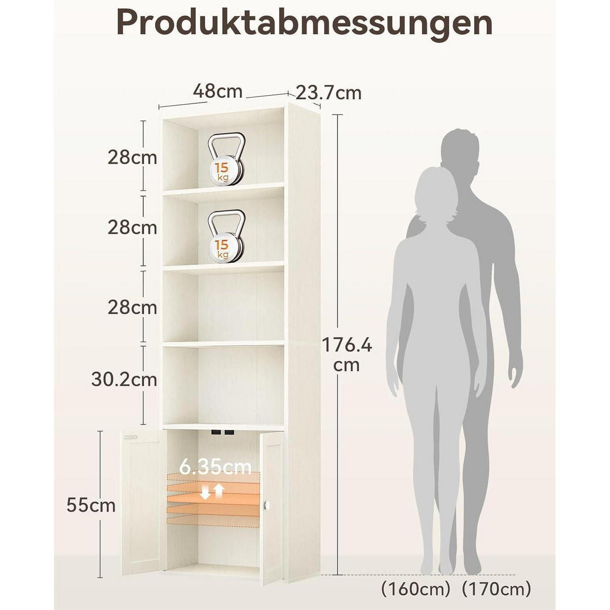 BÜCHERREGAL mit Türen 176.4 x 48 cm Weiß - Weiß, Holzwerkstoff (48/176.4/24cm)
