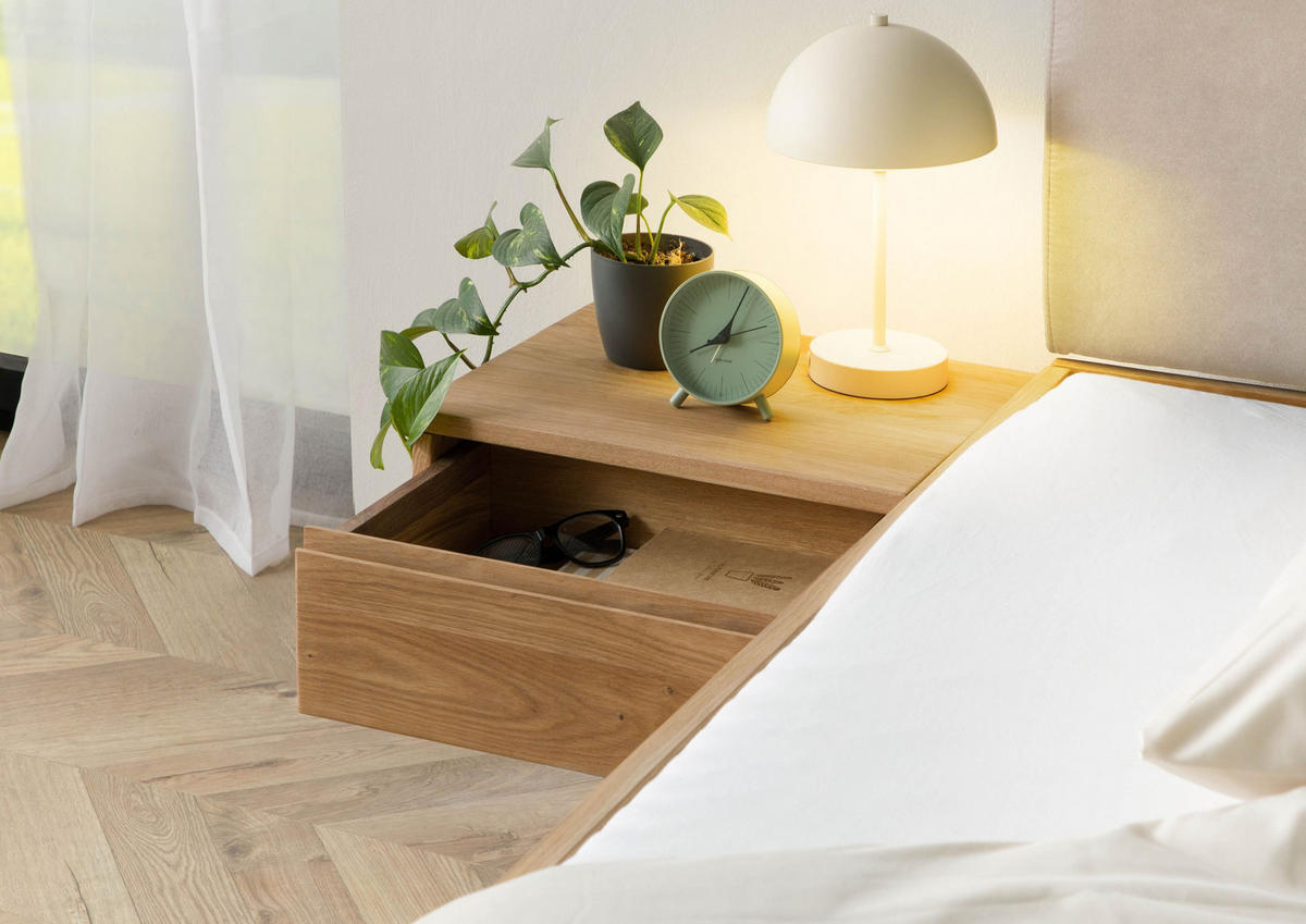 BETT mit Nachttisch Massivholz Eiche 160 x 200 x 86 natur FICHTELBERG #150 - Beige/Naturfarben, Holz (160/200cm) - Massivmoebel24