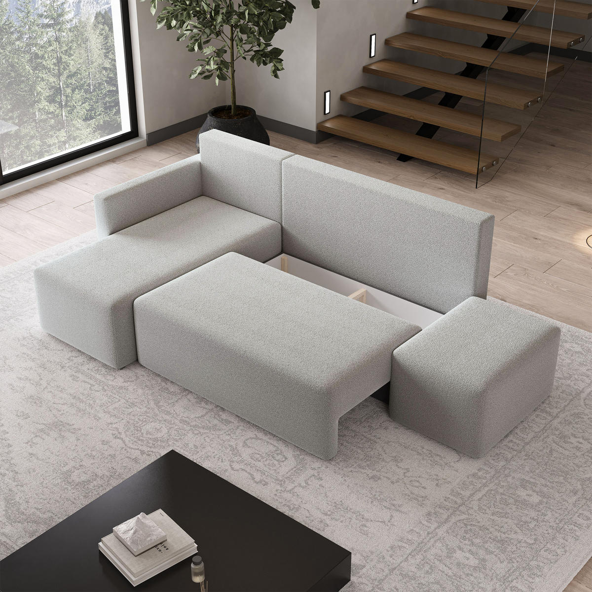 ECKSOFA VELOTTI L-S Hellgrau Boucle-Stoff mit Schlaffunktion - Hellgrau, Holz (261/143cm) - MASSENO