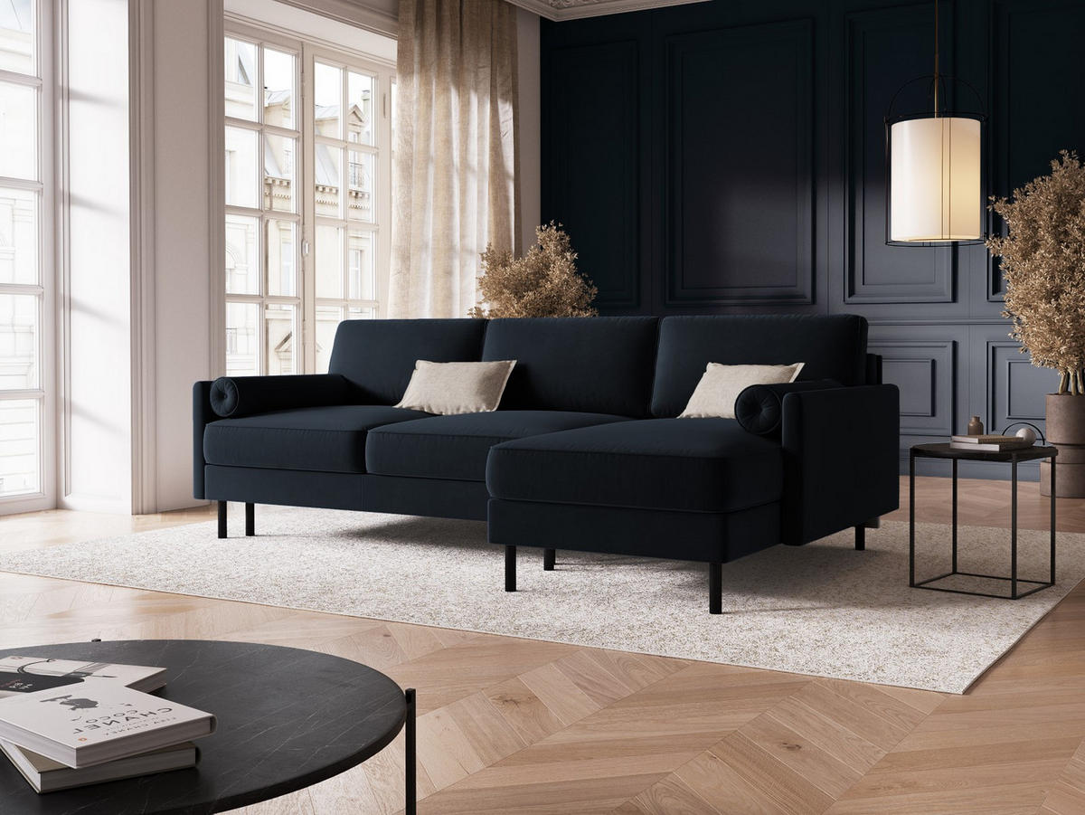 AUSKLAPPBARES-ECKSOFA rechts mit Container Scott aus Samt dunkelblau 5 Sitzplätze - Dunkelblau, Textil (142/212cm) - Micadoni