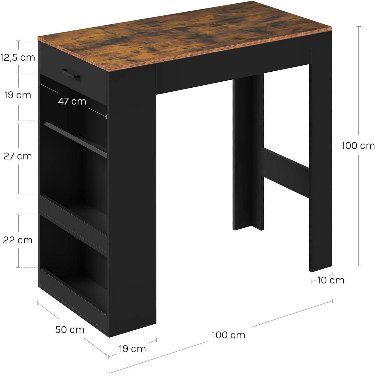 BARTISCH, Küchentisch mit Weinregal,100 x 50 x 100 cm - Dunkelbraun/Schwarz, Holzwerkstoff (50/100/100cm) - Woltu