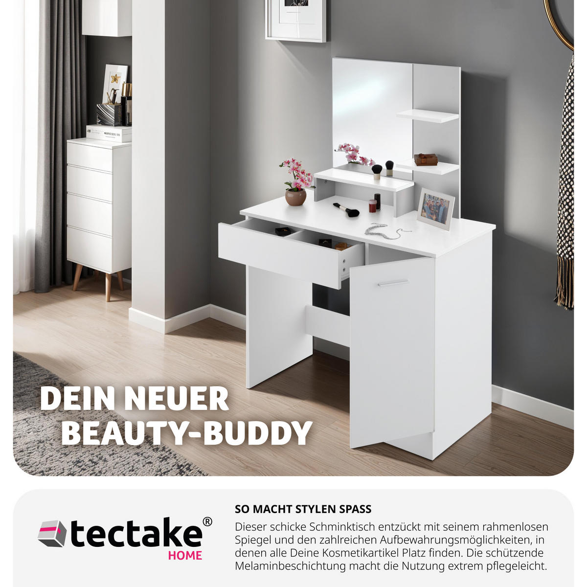SCHMINKTISCH Zoe,90 x 40 x 137,5 cm,weiß - Weiß, Holzwerkstoff (40/138.5/90cm) - tectake