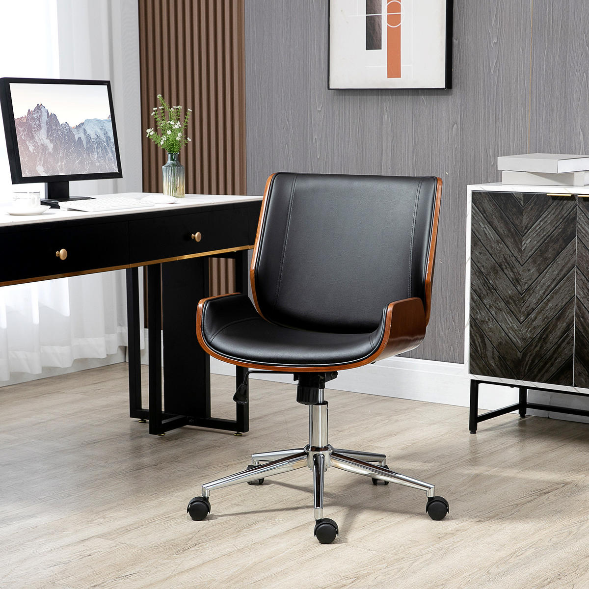 BÜROSTUHL mit Wippfunktion, Ergonomischer Computerstuhl, bis 120 kg Belastbar - Schwarz, Leder (60/96/53cm) - Vinsetto